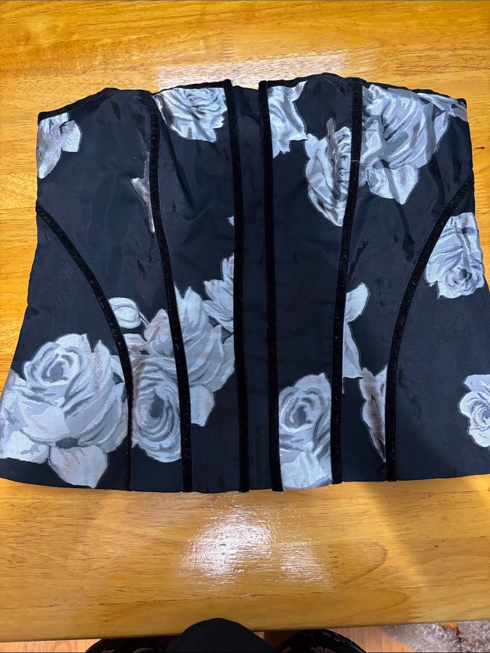 White House Black Market Black and Gray Floral Strapless Corset Top